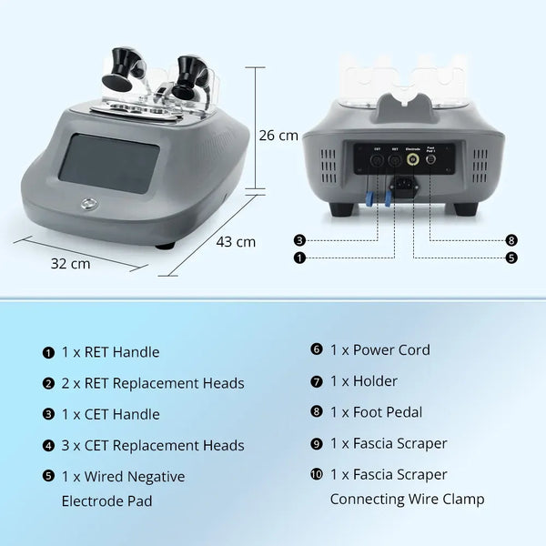 A medical beauty device shown from front and back views with dimension labels (26 cm, 32 cm, 43 cm) and a parts list below on a light blue background.