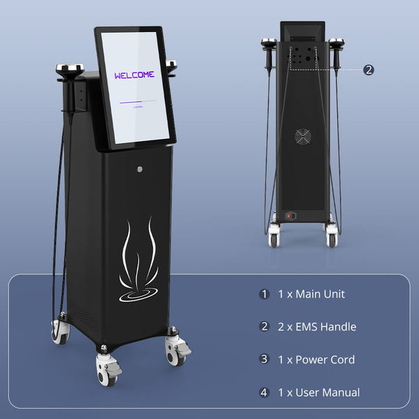 Black mobile beauty treatment machine with a touchscreen display, shown from front and back angles on a blue gradient background, with a numbered list of included components on the lower right.