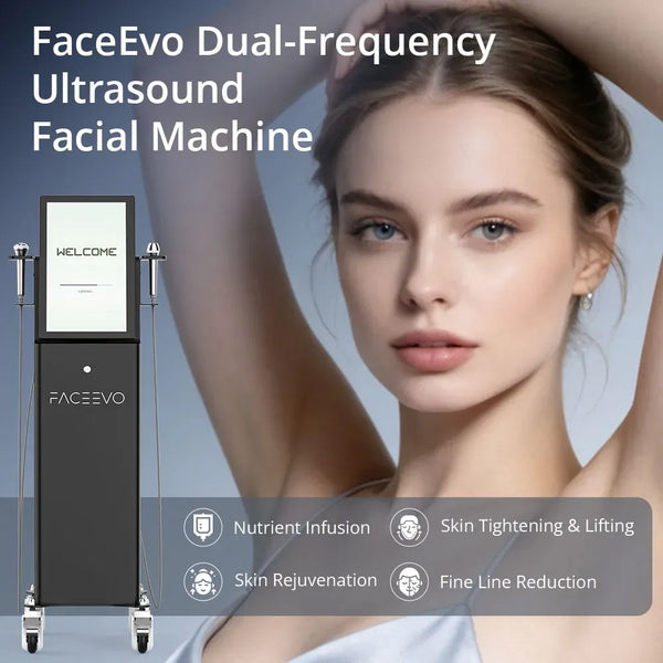 FaceEvo dual-frequency ultrasound facial machine shown beside a woman with raised arms, on a light blue-gray background with promotional text and feature icons.
