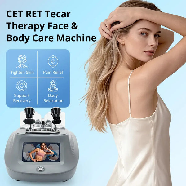 CET RET Tecar Therapy Face & Body Care Machine shown alongside a blonde woman in a white satin slip, with text listing benefits like Tighten Skin, Pain Relief, Support Recovery, and Body Relaxation.