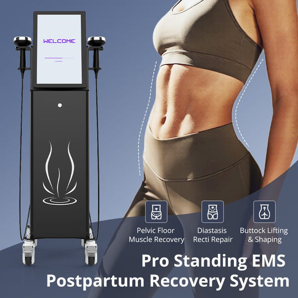 A standing EMS postpartum recovery system shown beside a cropped model torso wearing a sports bra and high-waisted maternity-style bottom, with text reading 'Pro Standing EMS Postpartum Recovery System' and feature icons for pelvic floor muscle recovery, diastasis recti repair, and buttock lifting & shaping.