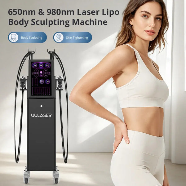 A UULASER laser body sculpting machine shown next to a woman in a white sports bra and leggings, with text reading '650nm & 980nm Laser Lipo Body Sculpting Machine' and 'Body Sculpting' and 'Skin Tightening'.