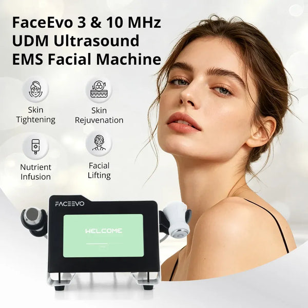 FaceEvo 3 & 10 MHz LDM Ultrasound EMS Facial Machine shown with a woman's face and shoulders in a bright studio-style ad. The device is black with a green display screen and white attachments, with text listing benefits such as skin tightening, skin rejuvenation, nutrient infusion, and facial lifting.