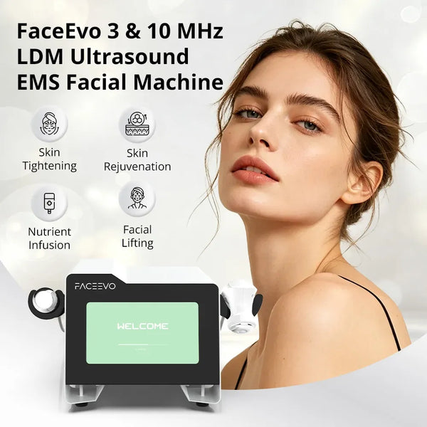 FaceEvo 3 & 10 MHz LDM Ultrasound EMS Facial Machine shown alongside a woman, with text highlighting skin tightening, skin rejuvenation, nutrient infusion, and facial lifting benefits.