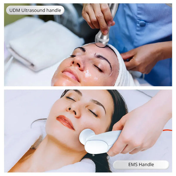 Two-panel collage showing handheld ultrasound beauty devices being used on a woman's face in a spa or clinic setting. The top panel shows a silver LDM ultrasound handle on the forehead, and the bottom panel shows a white EMS handle on the cheek.