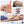 A four-panel collage demonstrating an electric muscle stimulator/tENS-style device attached to different body parts: legs, face/neck, abdomen, and arms, with a person lying on a treatment table in each panel.