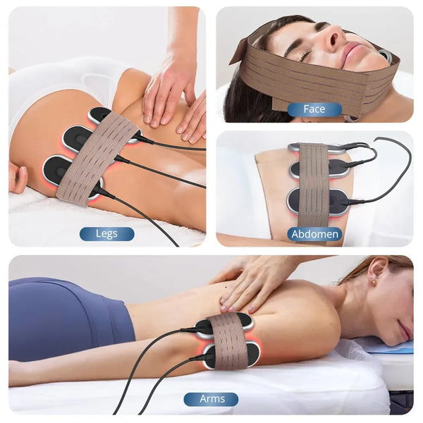 A four-panel collage demonstrating an electric muscle stimulator/tENS-style device attached to different body parts: legs, face/neck, abdomen, and arms, with a person lying on a treatment table in each panel.