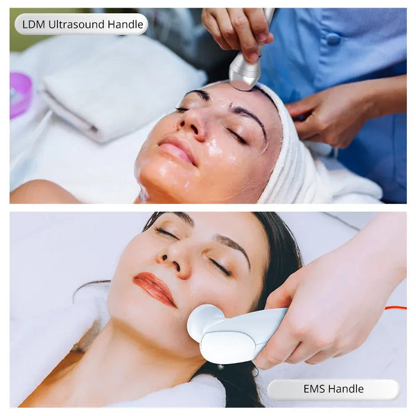 Two-panel collage showing a white handheld ultrasound beauty device being used on a woman's face in a spa or clinic setting. The top panel shows the LDM Ultrasound Handle being pressed onto the skin, and the bottom panel shows the EMS Handle in use.