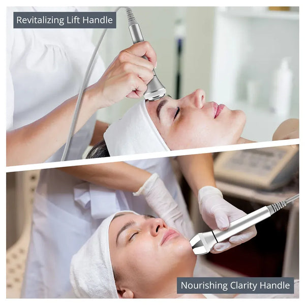 Two-panel collage showing a facial treatment device being used on a woman's face by a practitioner. The top panel is labeled 'Revitalizing Lift Handle' and the bottom panel is labeled 'Nourishing Clarity Handle.