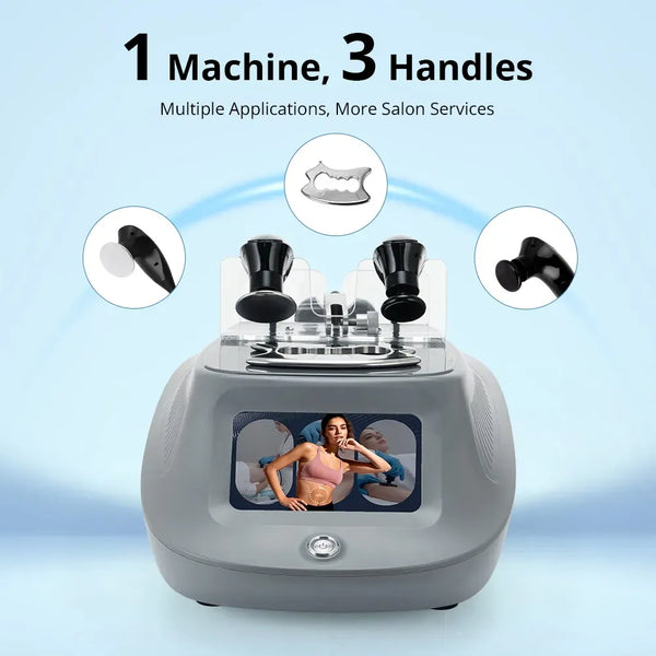 A salon beauty device with a gray base, clear upper housing, and three black handle attachments shown above it. Large text reads '1 Machine, 3 Handles' with smaller copy 'Multiple Applications, More Salon Services.