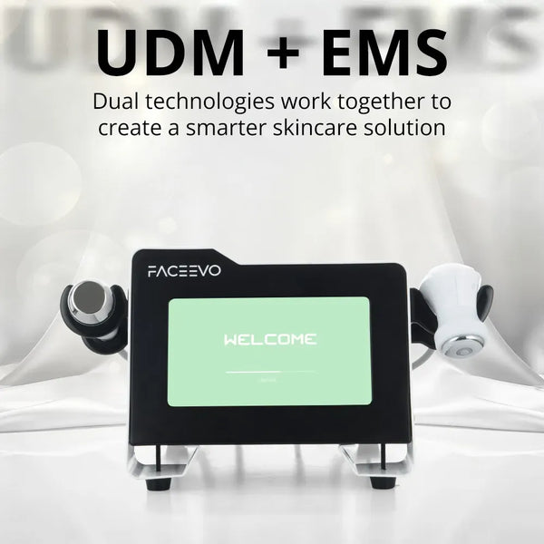 FACEVO UDM + EMS skincare device with dual treatment heads and a central display screen, shown on a clean white background with promotional text above.