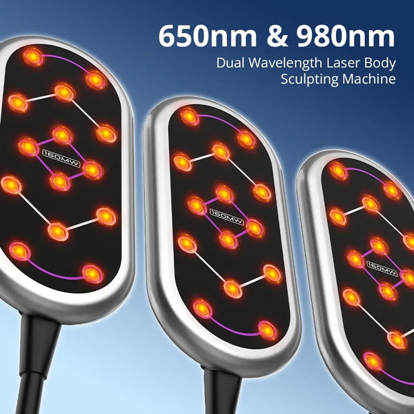 Three handheld laser body devices shown on a blue gradient background with text reading '650nm & 980nm Dual Wavelength Laser Body Sculpting Machine.' The devices have silver edges, black fronts, and glowing orange-red LED nodes with purple line graphics.