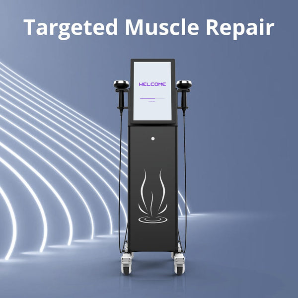 A black mobile beauty therapy machine with dual handheld applicators and a digital screen, set against a blue background with white text reading 'Targeted Muscle Repair'.