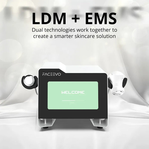 FACEVO LDM + EMS skincare device with a black and white body, featuring a green screen displaying 'WELCOME' and two circular treatment heads, set against a draped white fabric background with promotional text.